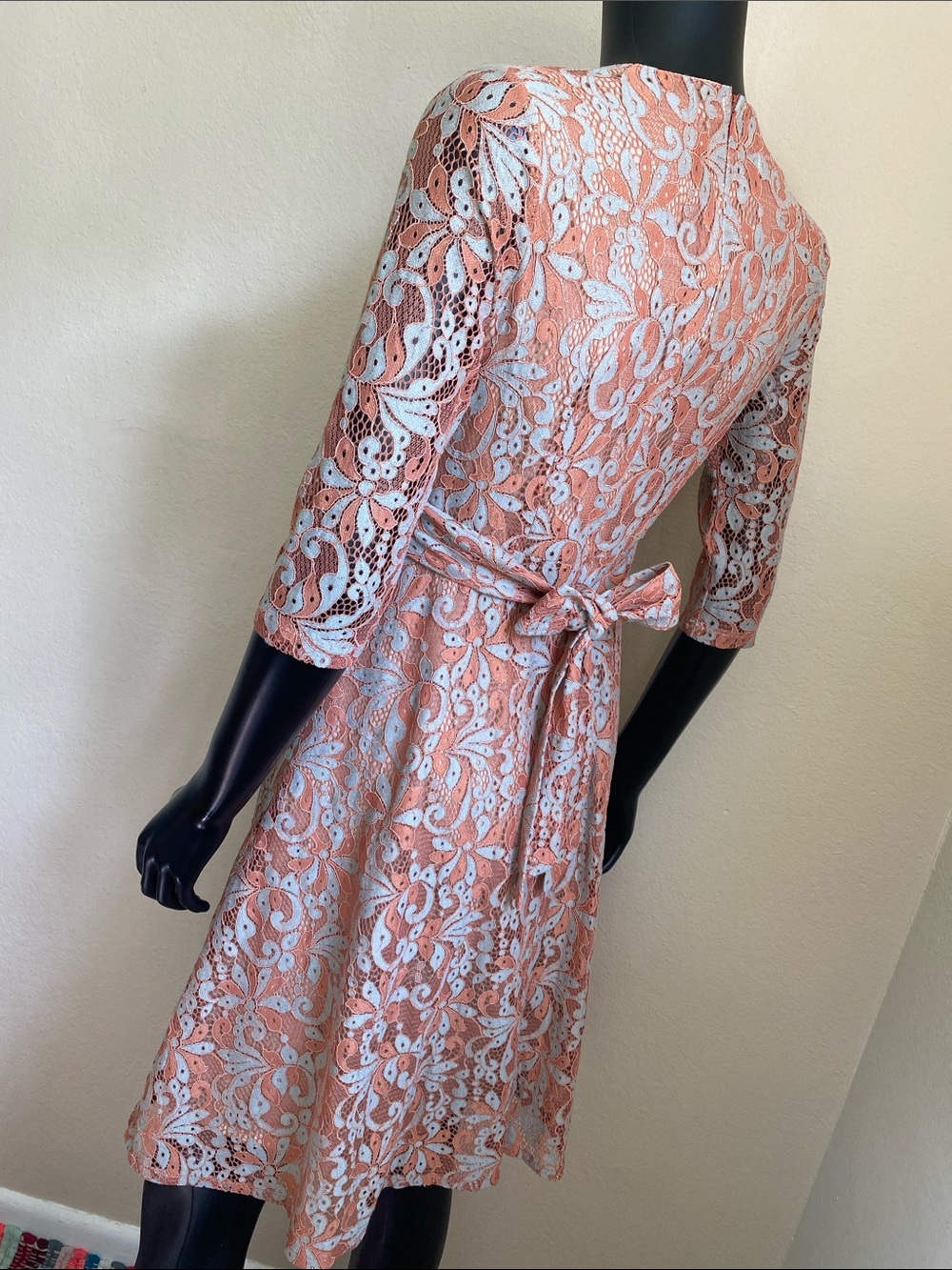 Women's Lace Overlay Fit-and-Flare Dress in Rust Orange and Light Blue - Picture 6 of 13
